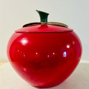 Red Apple-Shaped Ceramic Storage Jar with Green Stem Lid MidCentury/CottageCore